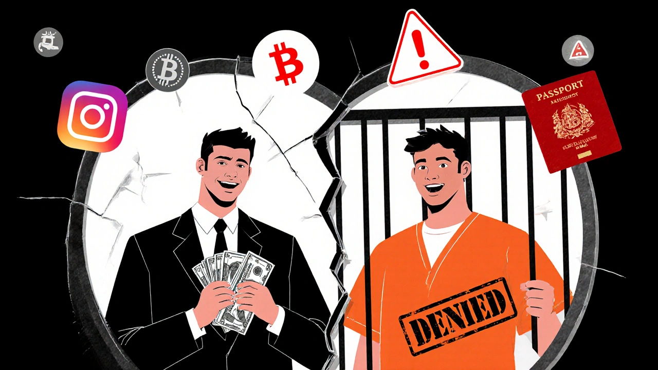 A man&#039;s reflection splits into two identities — one free and wealthy, the other imprisoned — surrounded by symbols of digital scams and law enforcement.