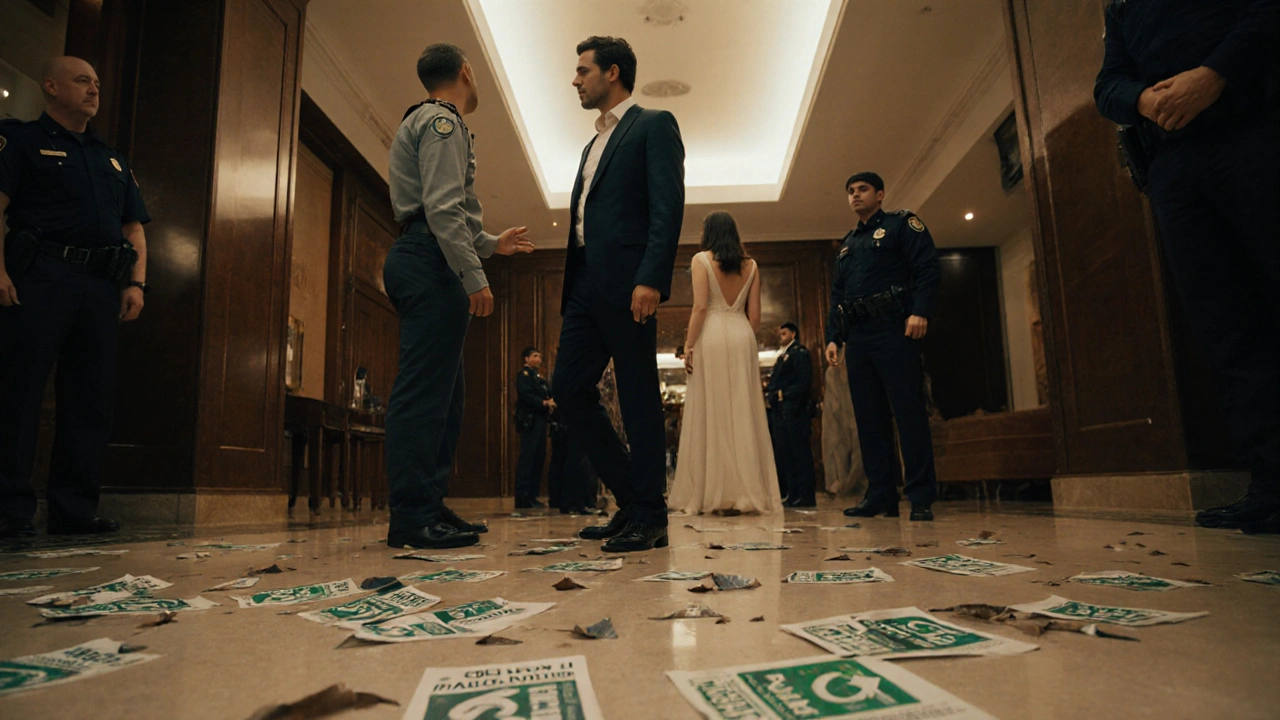 A man being approached by police in a luxury Dubai hotel lobby, with flyers for illegal services on the floor.