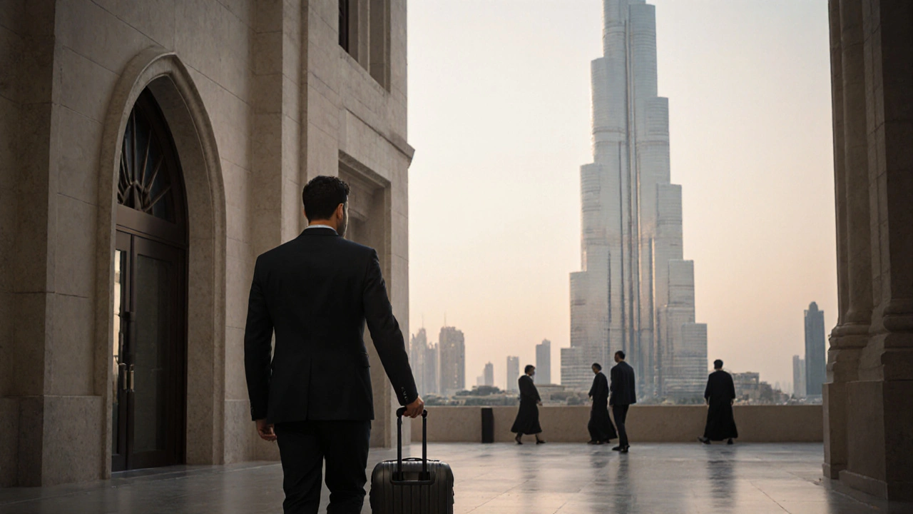 A man walking away from a Dubai hotel at dawn, looking back with regret.