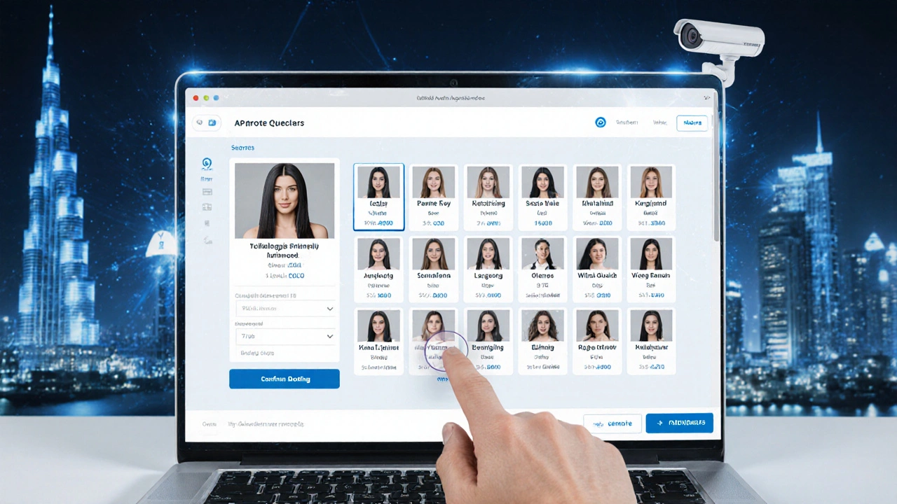 A secure online booking interface displays verified profiles of professional companions in Dubai.