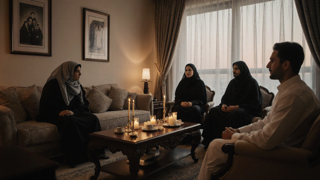 A woman meeting her partner&#039;s family for tea in a modest Dubai living room.