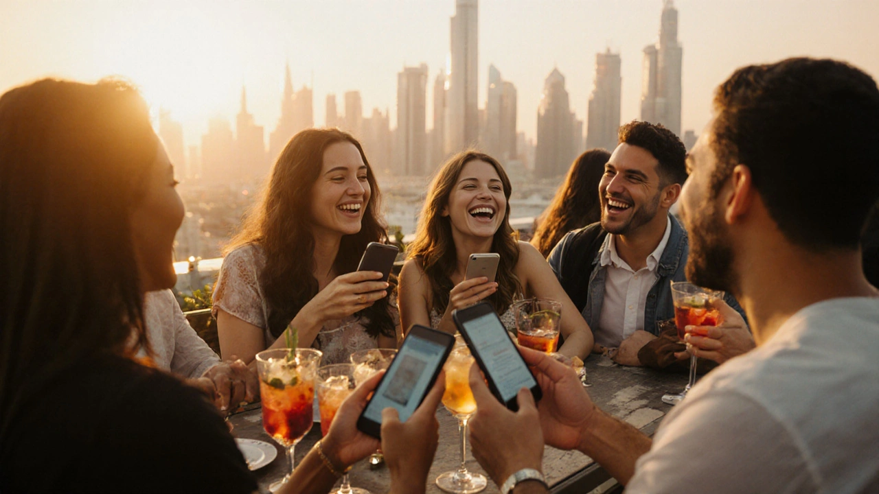 Diverse people socializing at a sunny Dubai rooftop bar, enjoying drinks and conversation with the city skyline in background.