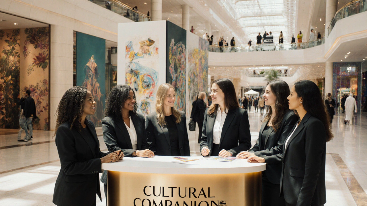 Diverse professional women assist guests at a cultural companion booth in Dubai Mall.