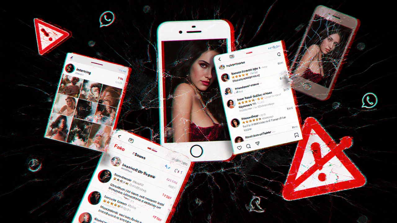 Fake escort ads and stolen photos floating in a digital space with warning symbols.