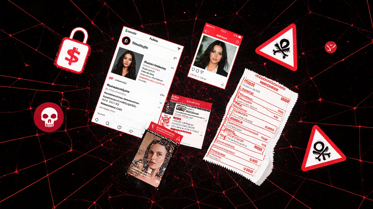 Fake social media profiles and payment scams floating in a dark digital space with warning symbols and neon red accents.