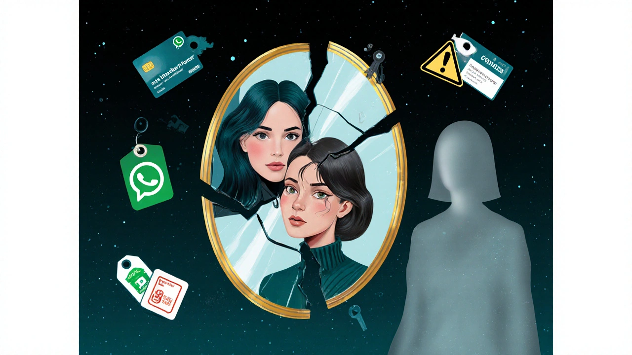 Framed mirror showing three contrasting versions of an escort.