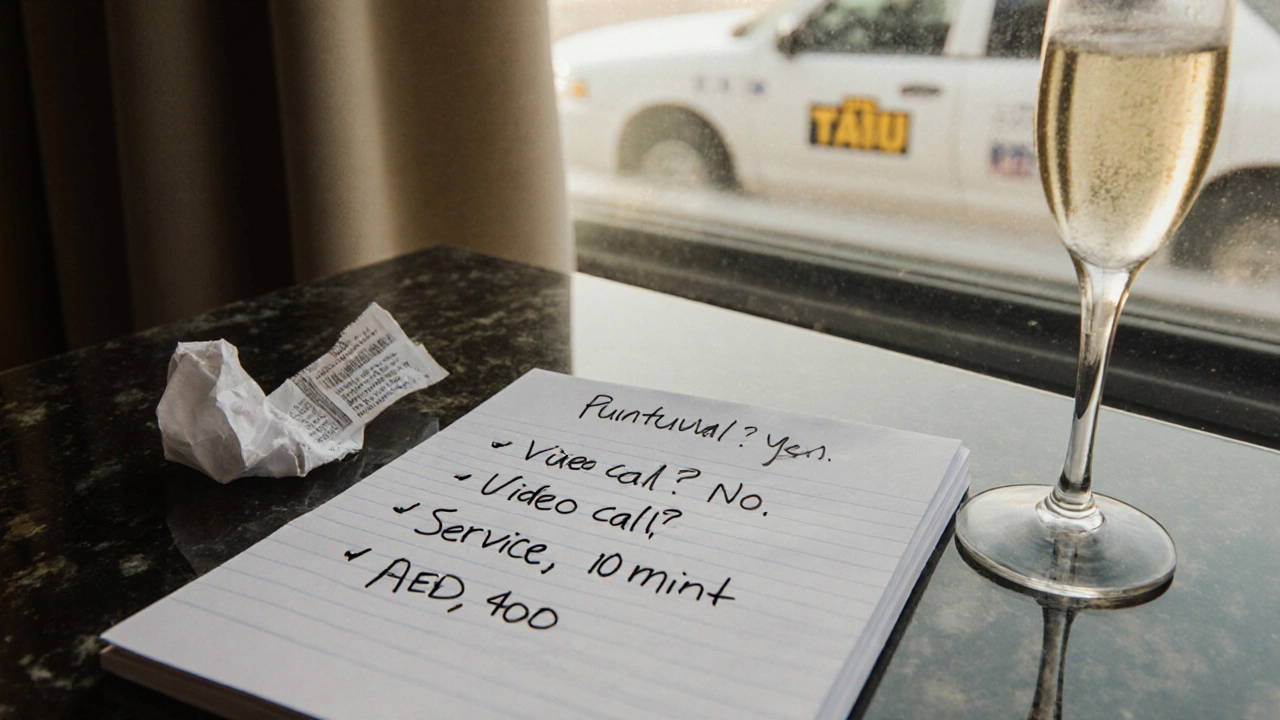 Handwritten note on hotel notepad listing a disappointing escort experience.