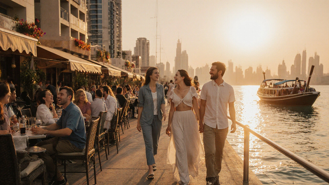 People enjoying the Dubai Marina at sunset, laughing and walking together by the water during a peaceful evening.