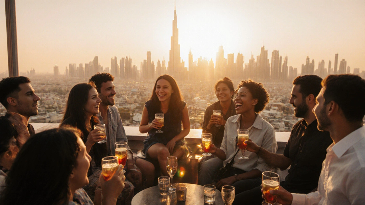 People socializing happily at a Dubai rooftop lounge at sunset, city lights glowing behind them in a warm, safe atmosphere.