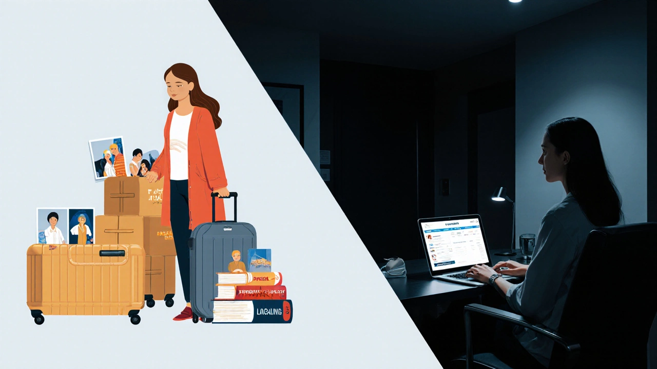 Split image showing a woman packing for Dubai with family photos on one side, and a booking profile on the other.