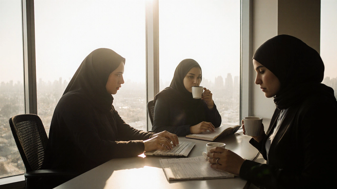 Three anonymous women working quietly in a Dubai co-working space, bathed in natural sunlight.