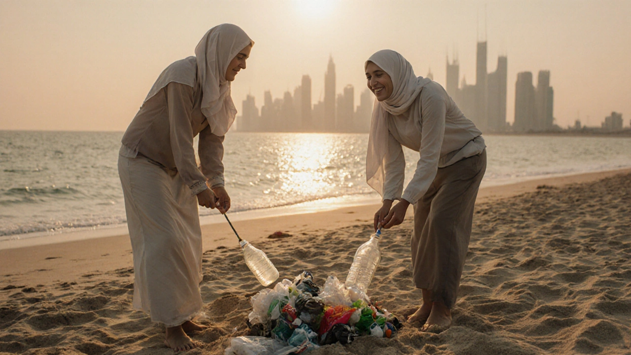 Two volunteers cleaning Kite Beach at sunset, smiling while holding a recycled bottle.